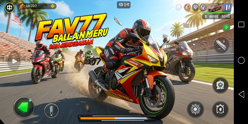 Tampilan gameplay penuh aksi dari balapan motor FAV77.
