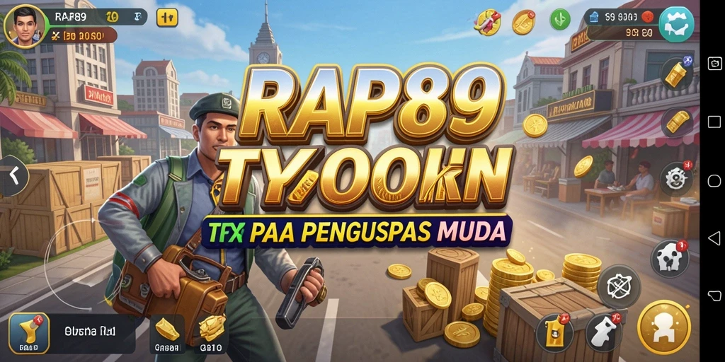 Tangkapan layar utama RAP89 menampilkan strategi bisnis yang seru.