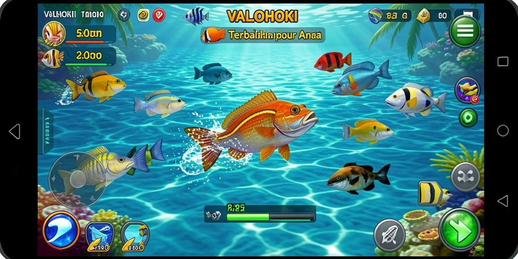 Tampilan gameplay <strong>VALOHOKI</strong> dengan ikan warna-warni sedang ditangkap.