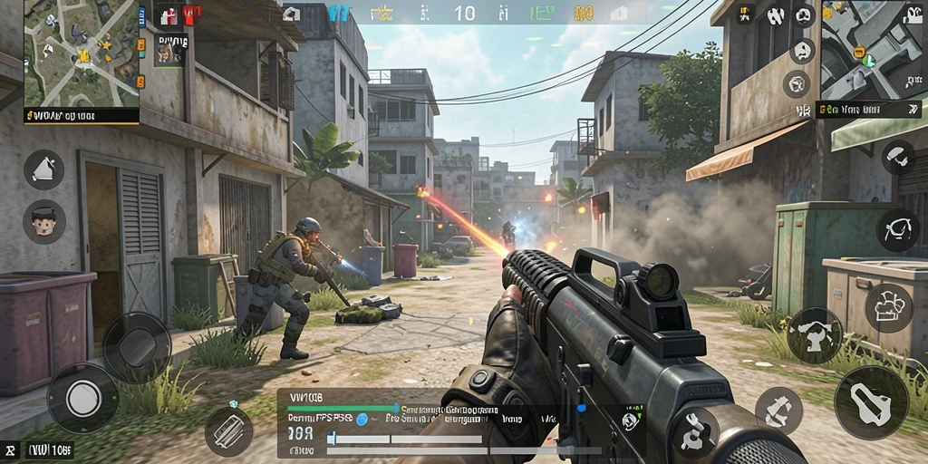 Screenshot gameplay VW108 menampilkan aksi tembak-menembak yang intens.